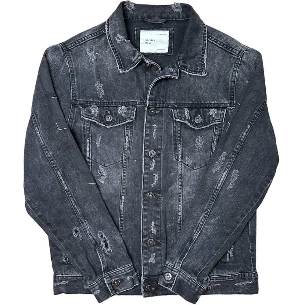 Zara Men's Black Denim Jacket Trucker Jean Jacket Button Up Size Large